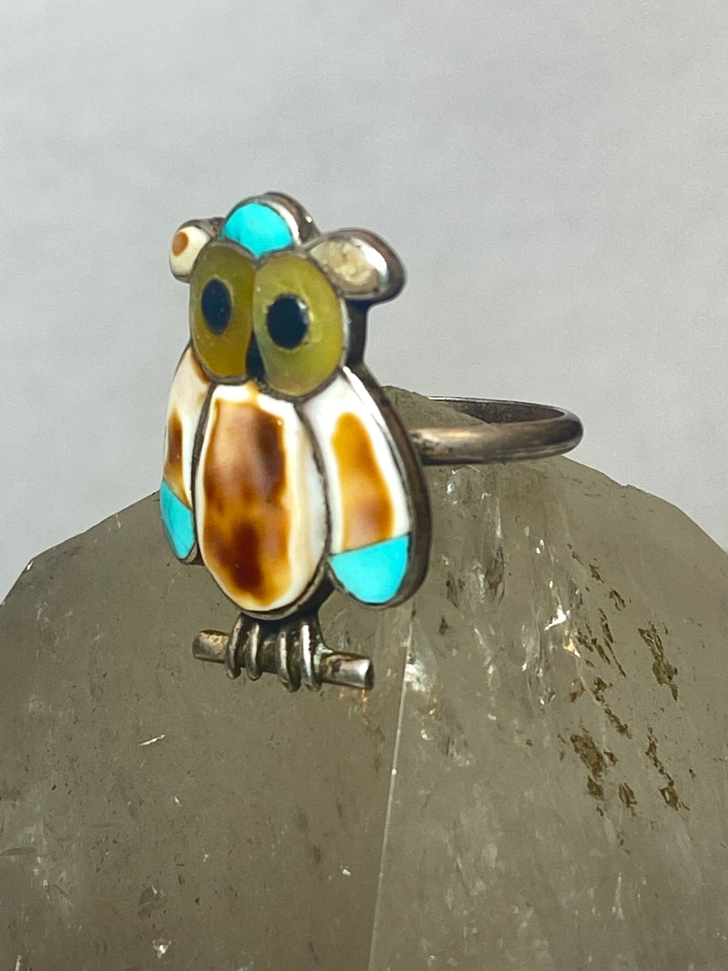 Owl ring Navajo turquoise MOP Onyx southwest sterling silver women