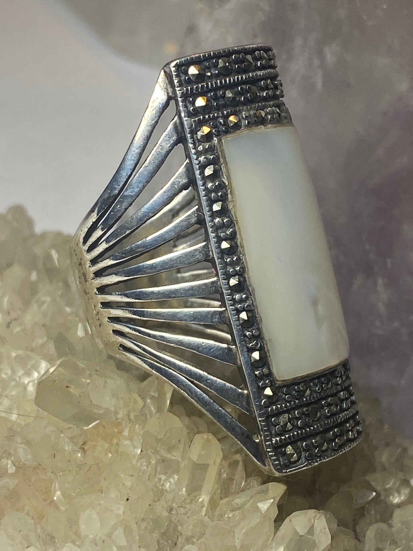 Mother of Pearl ring long marcasites boho sterling silver women girls