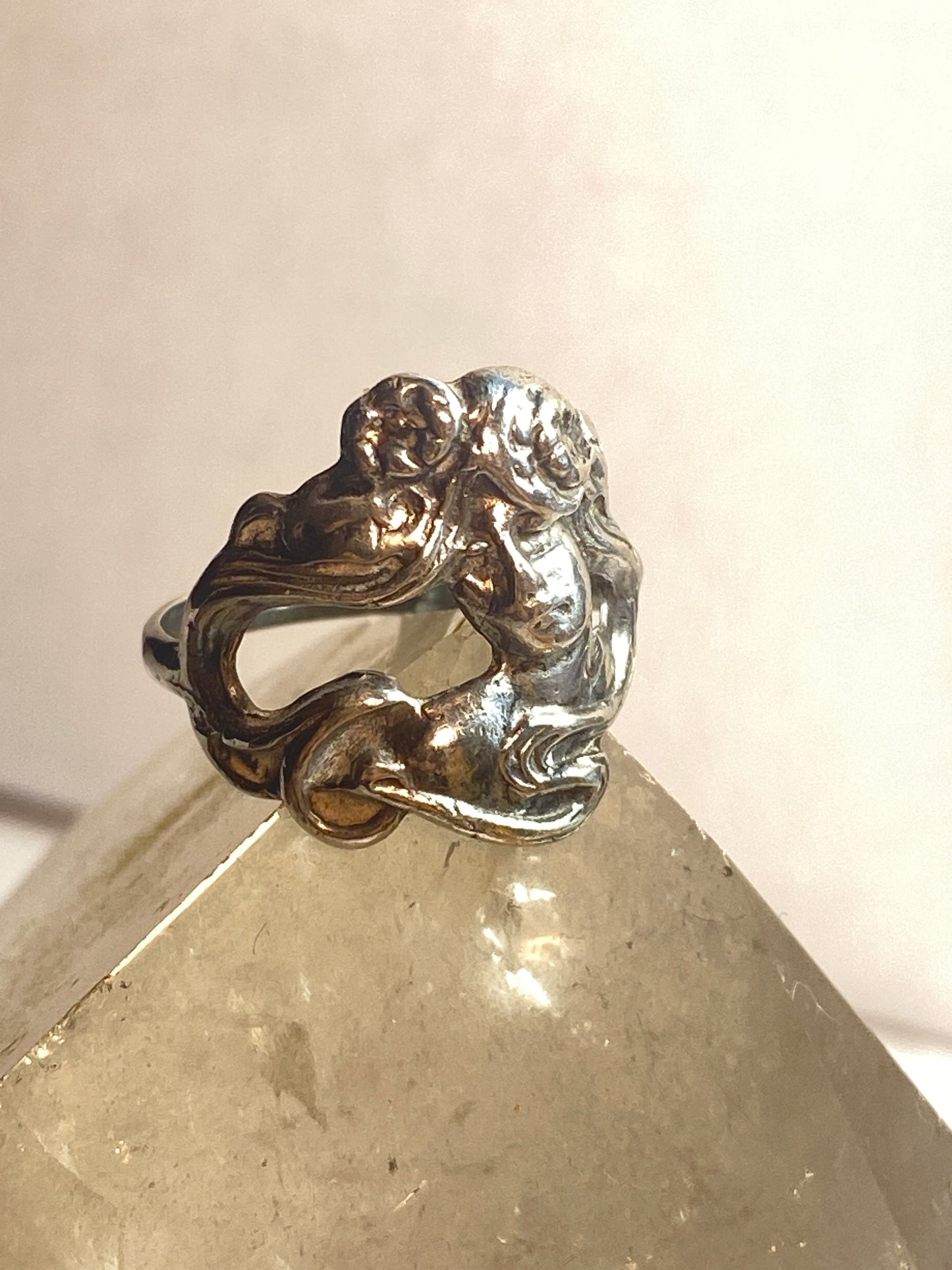Face ring size 7.75 figurative Art Deco band sterling silver women girls