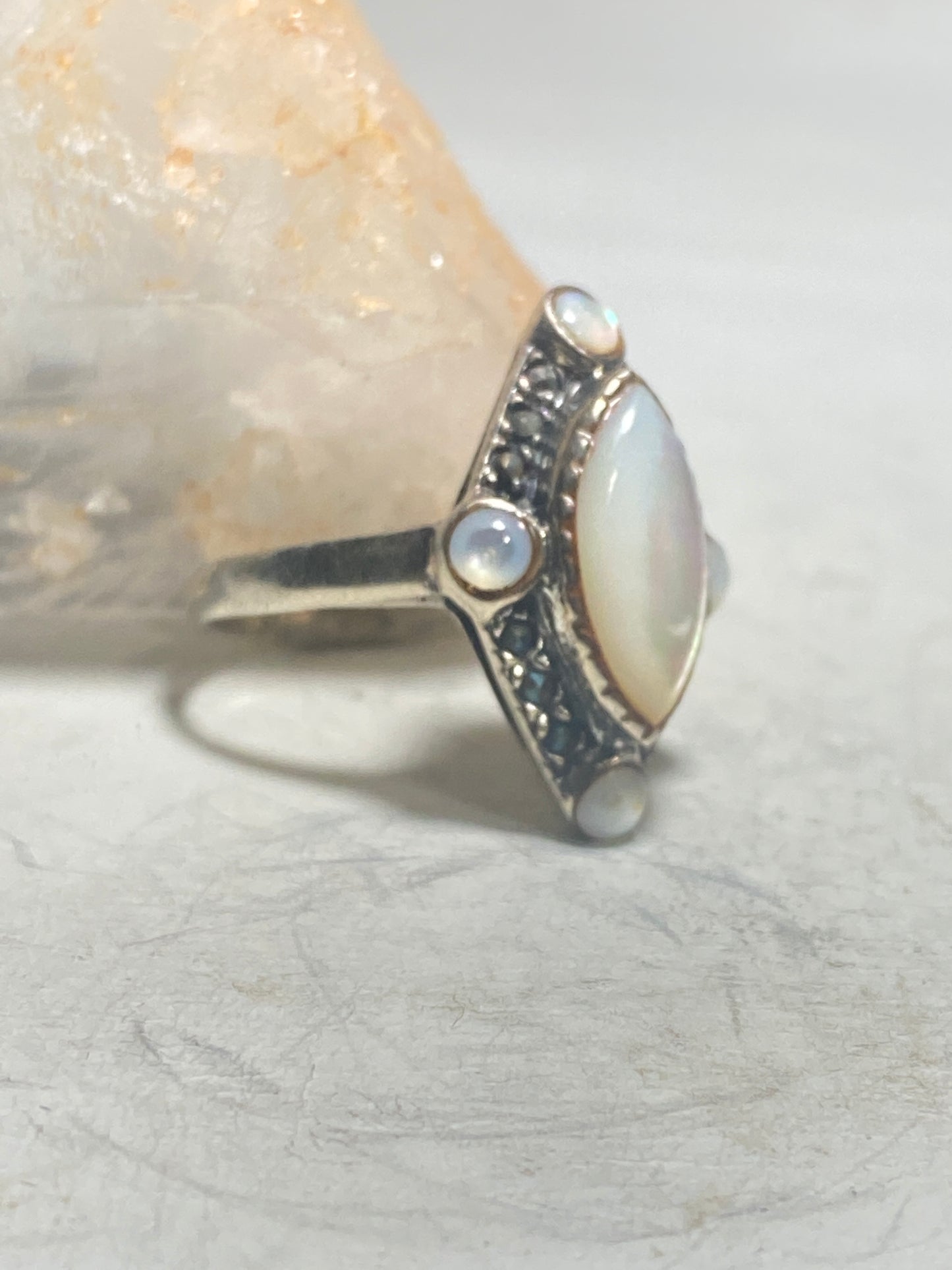 Mother of Pearl Ring Art Deco long marcasites sterling silver women