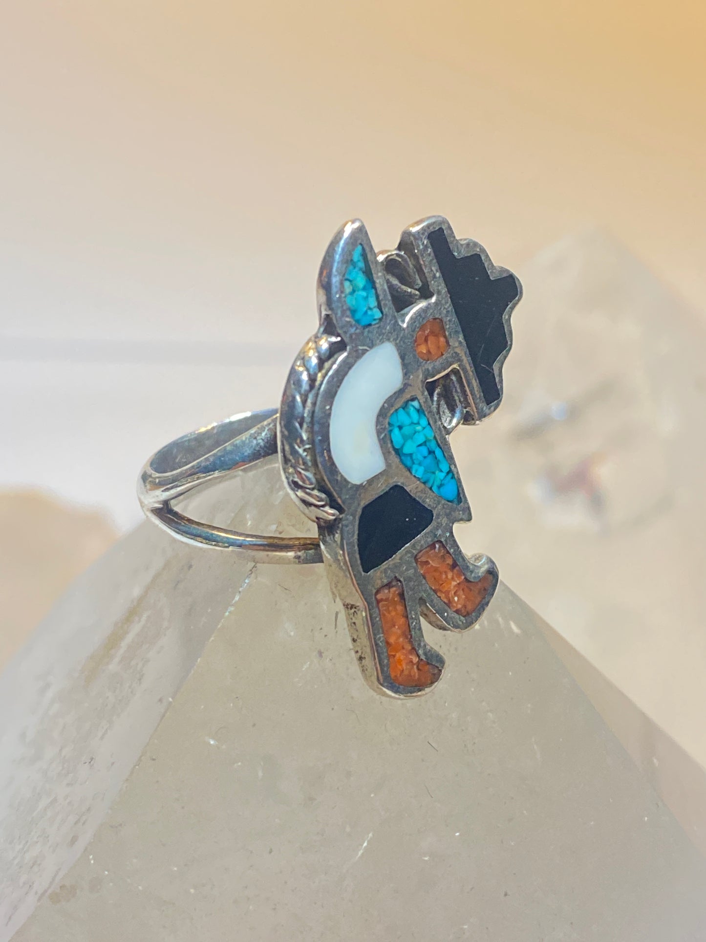 Kachina ring size 5.25 onyx turquoise coral chips  Navajo sterling silver band southwest