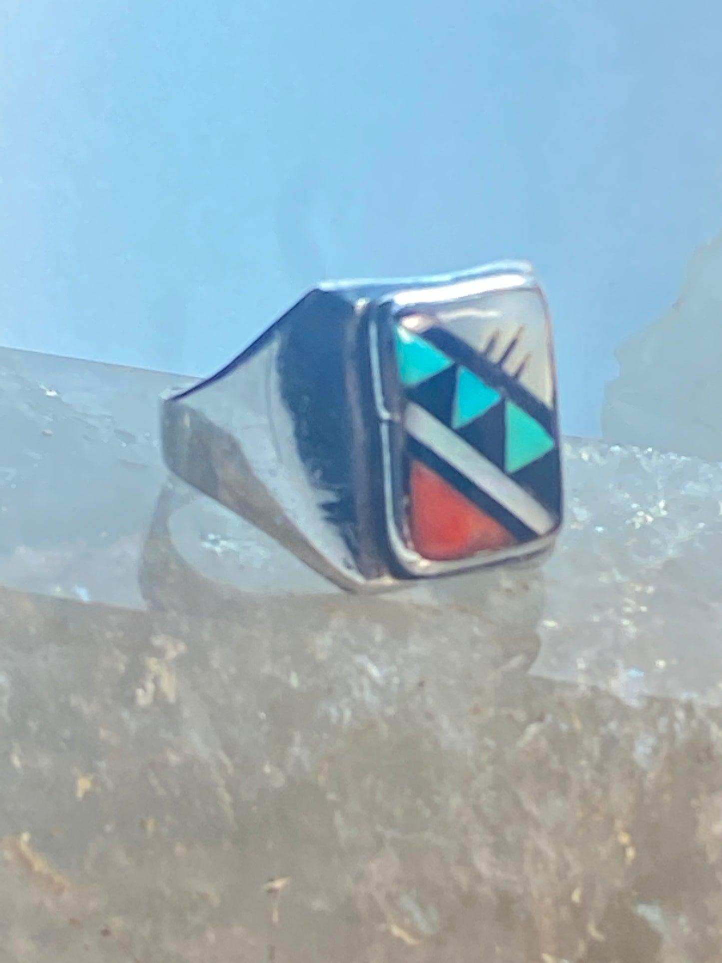 Zuni ring size 11.25 turquoise coral onyx MOP southwest sterling silver men women