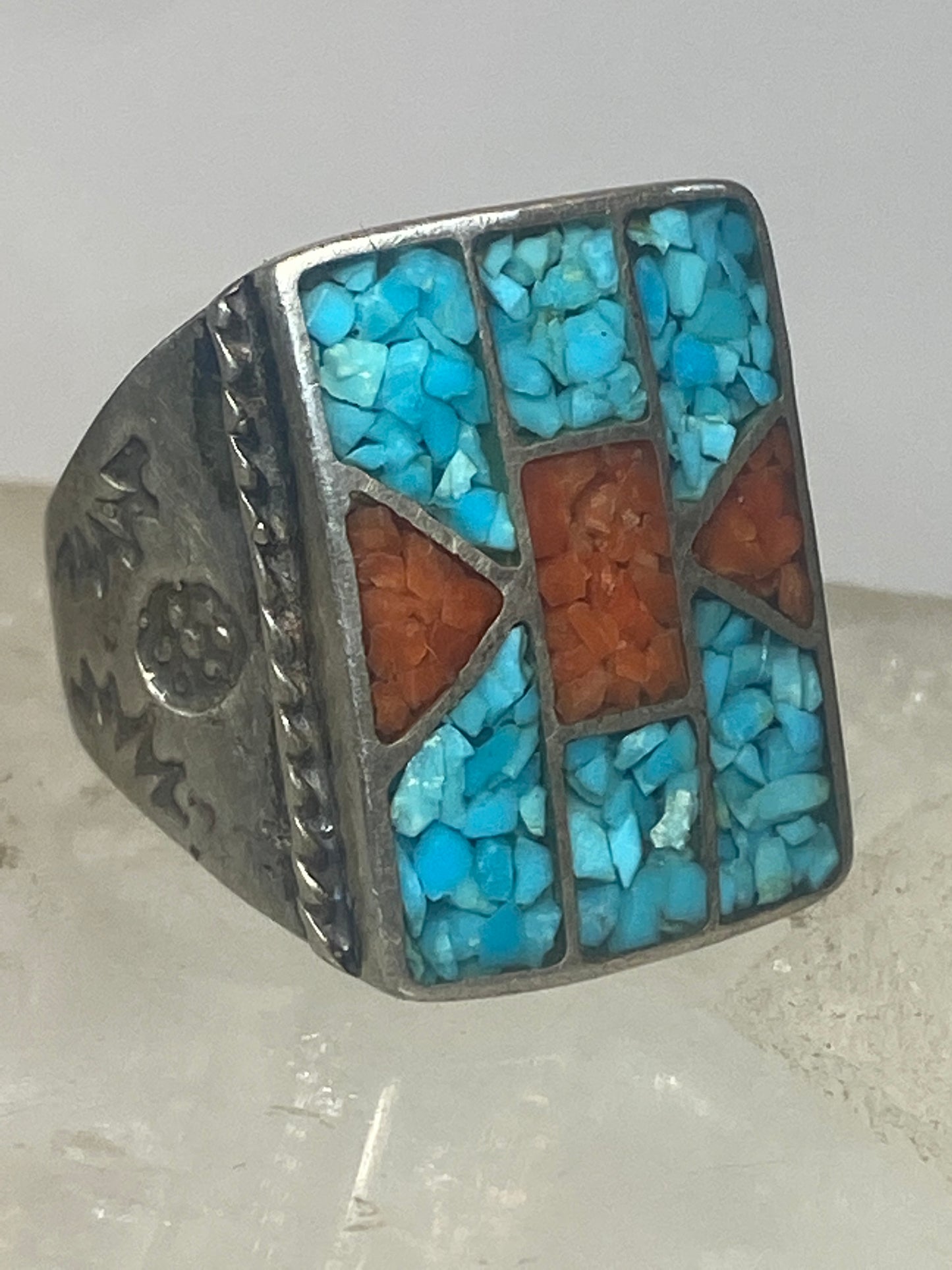 Navajo  ring size 9.75 turquoise coral chips southwest sterling silver women men