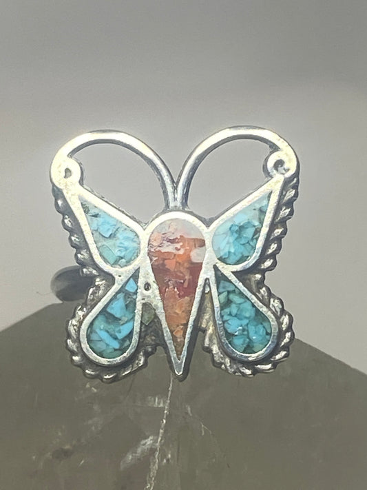 Butterfly ring size 4 turquoise chips coral southwest sterling silver women girls