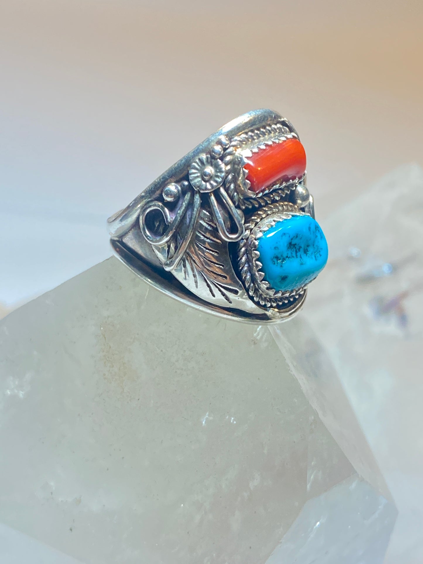 Turquoise ring size 10.75  coral Navajo southwest band sterling silver