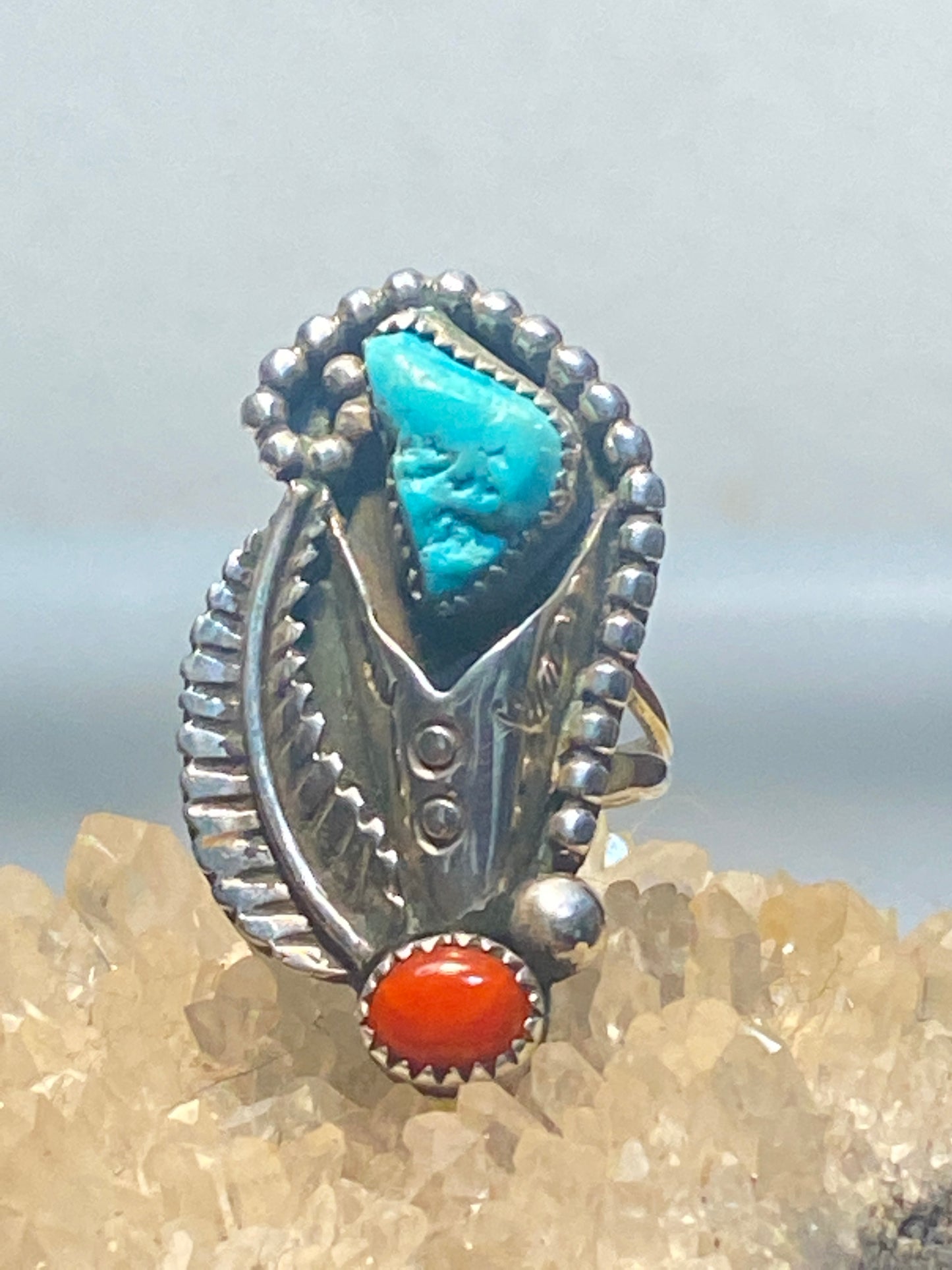 Turquoise ring size 5 coral long Navajo flower sterling silver southwest women girls