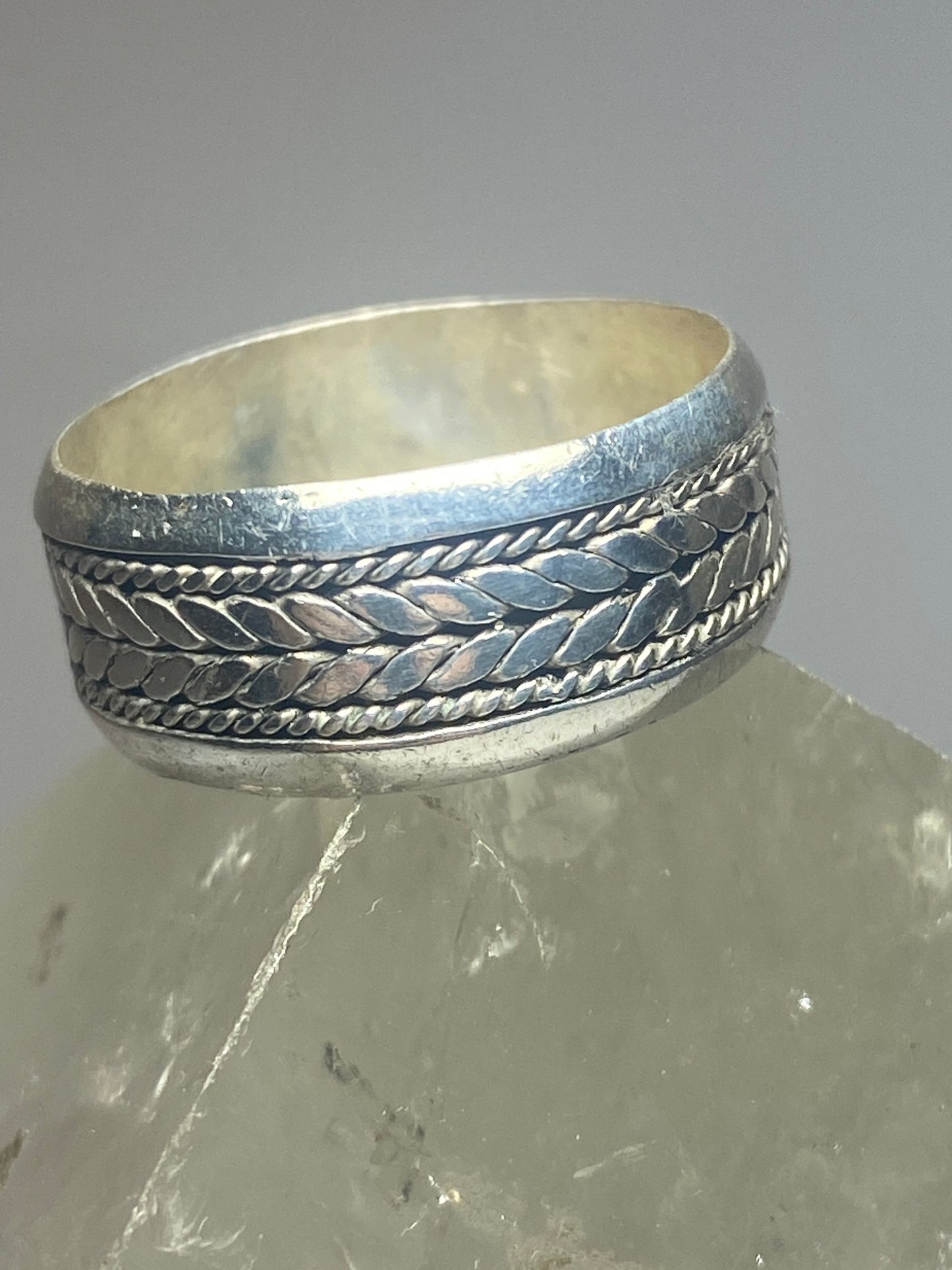 Knot ring herringbone woven rope sterling silver biker band men women