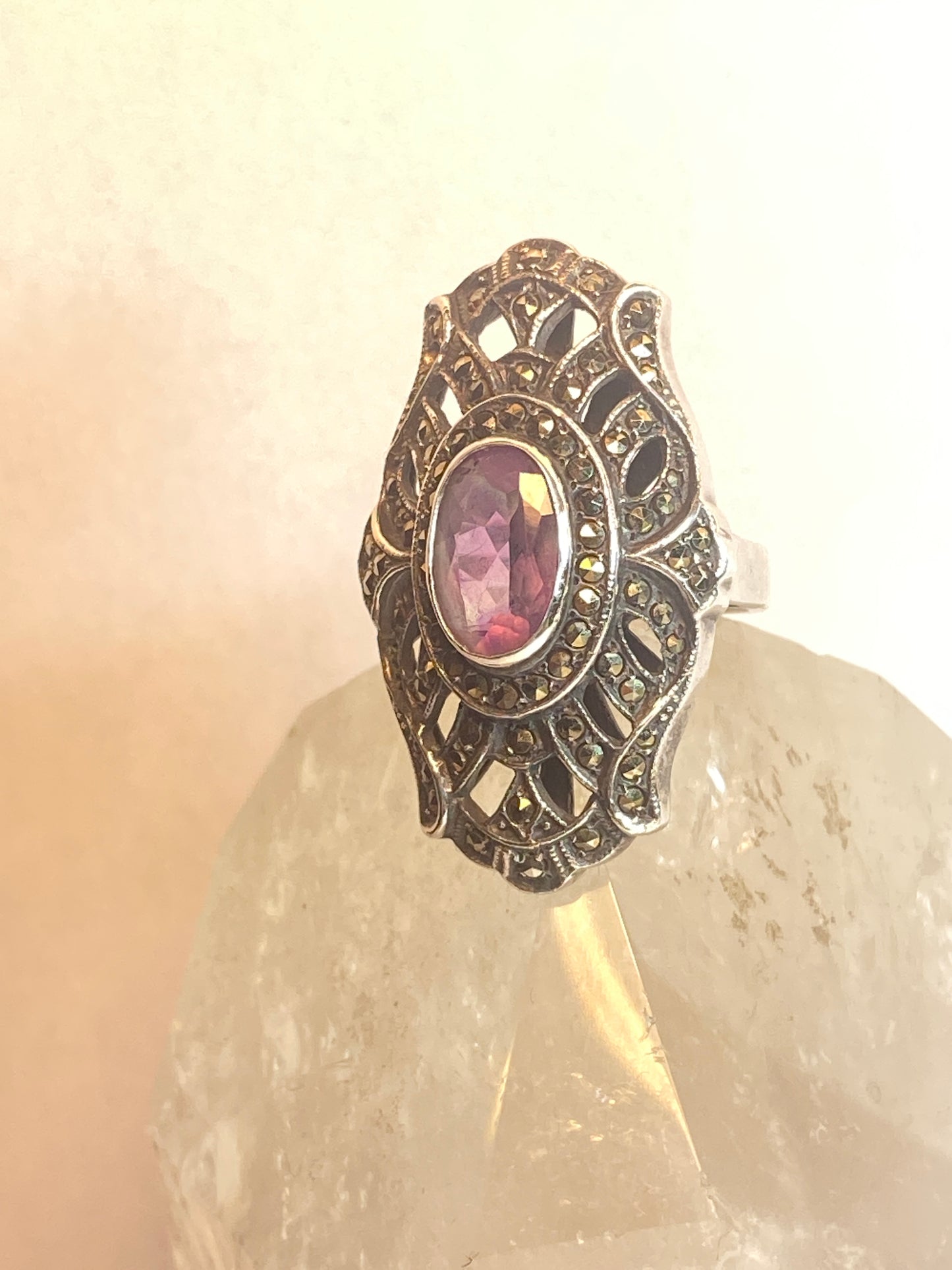 Long Amethyst ring size 7.25 Art Deco style marcasites sterling silver women girl