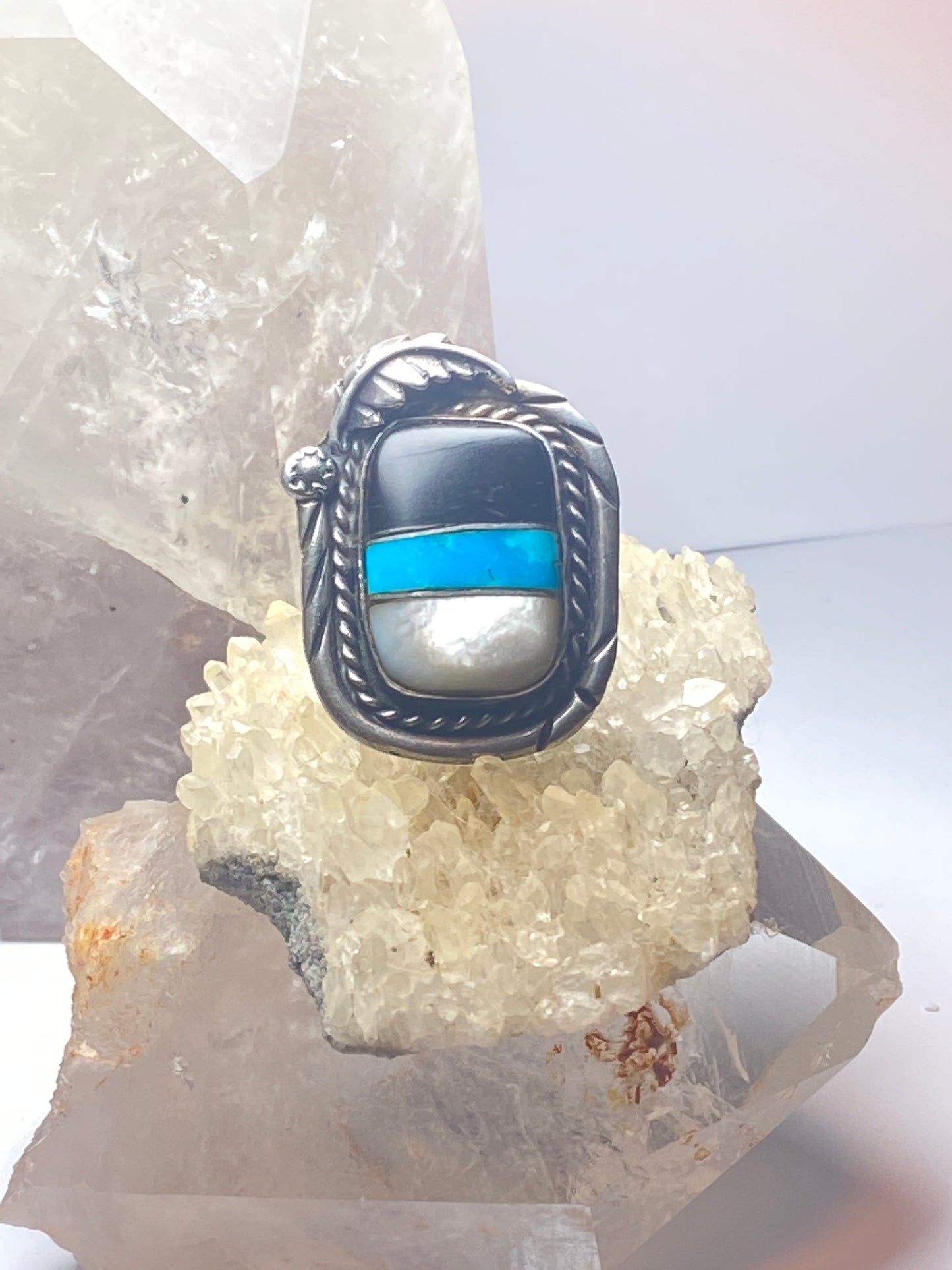 Turquoise ring size 8.50 Navajo onyx mother of pearl southwest sterling silver men women