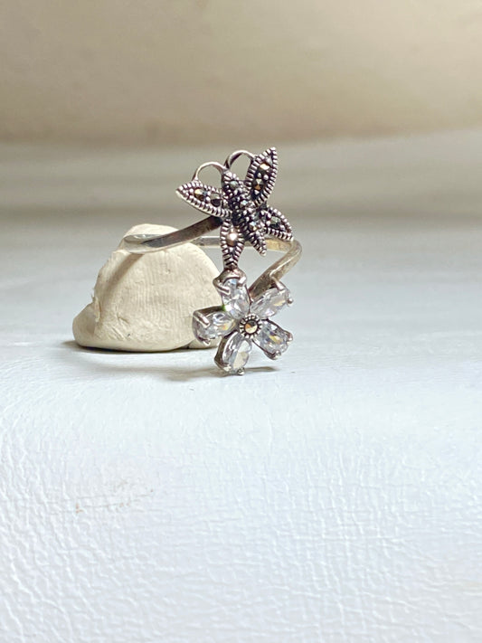 Butterfly ring size 7.75 flower marcasites band sterling silver women