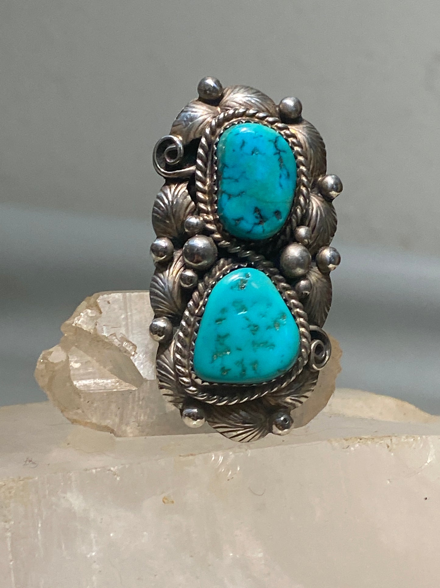 Turquoise ring long Navajo feather leaves sterling silver women