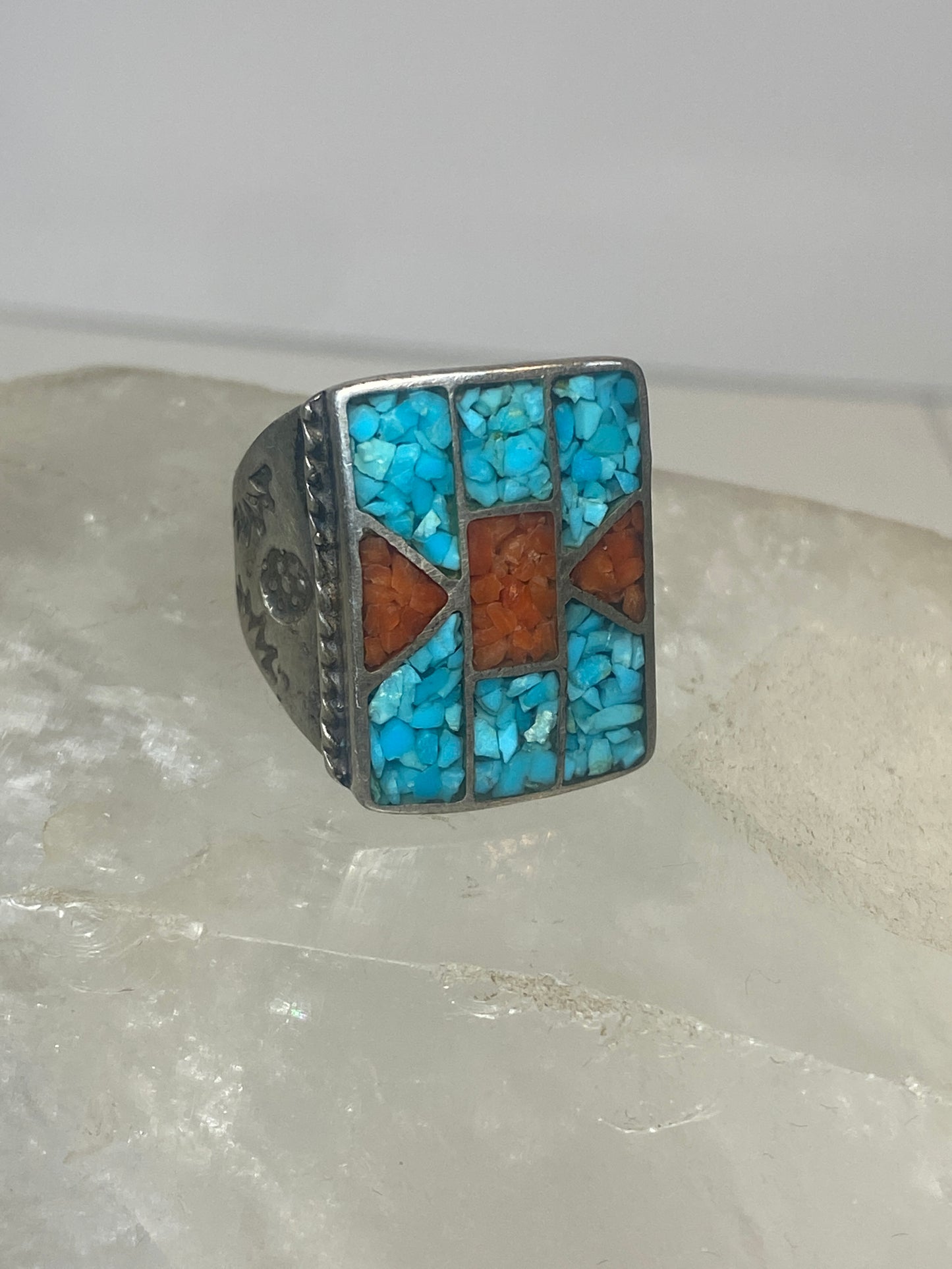 Navajo  ring size 9.75 turquoise coral chips southwest sterling silver women men