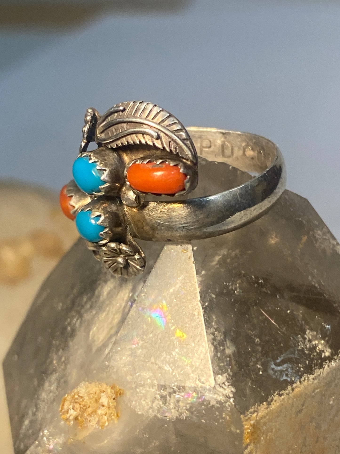 Turquoise ring coral Navajo  southwest sterling silver women girls