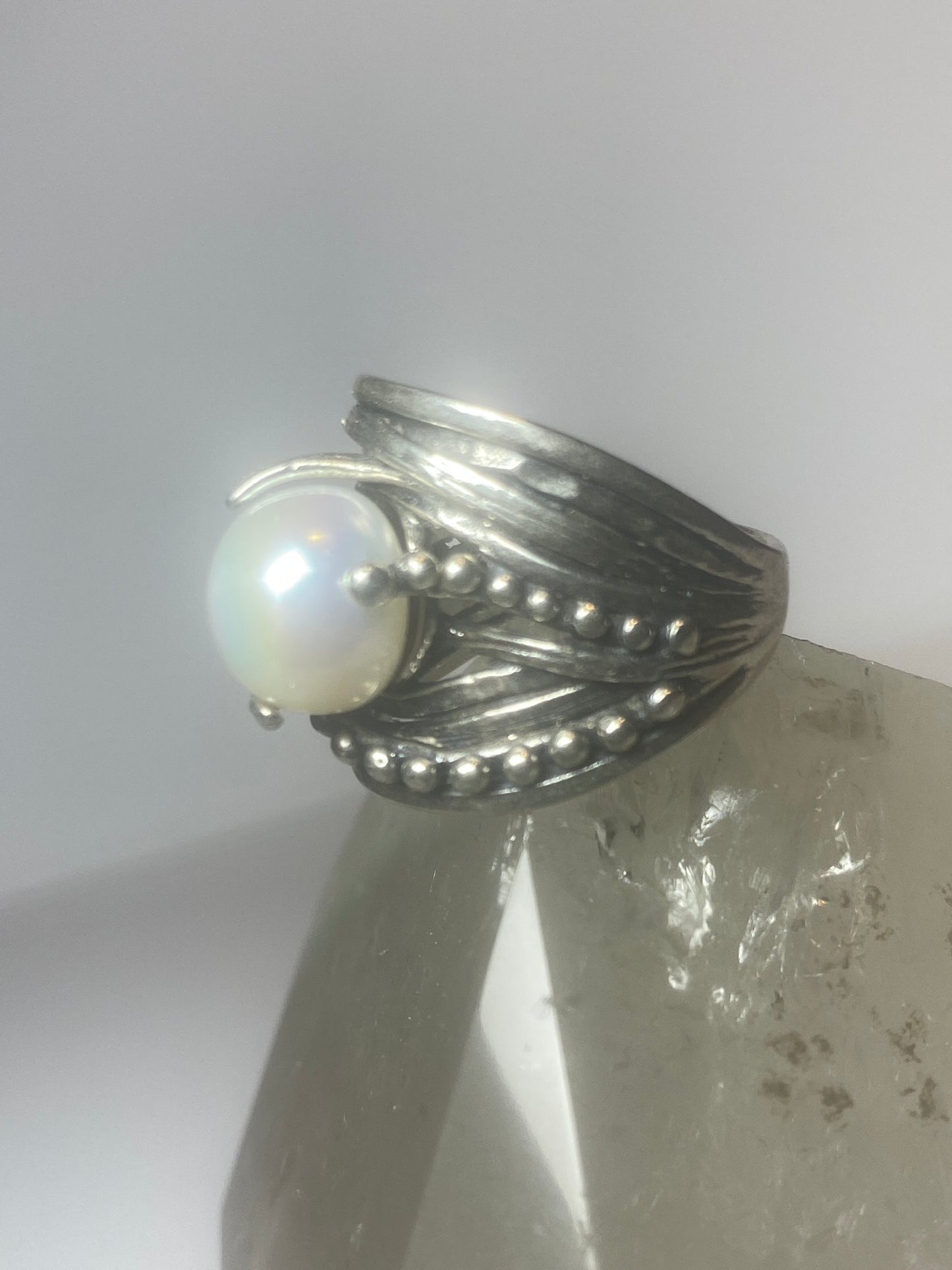 Pearl ring cigar band beaded  Israel sterling silver women girl