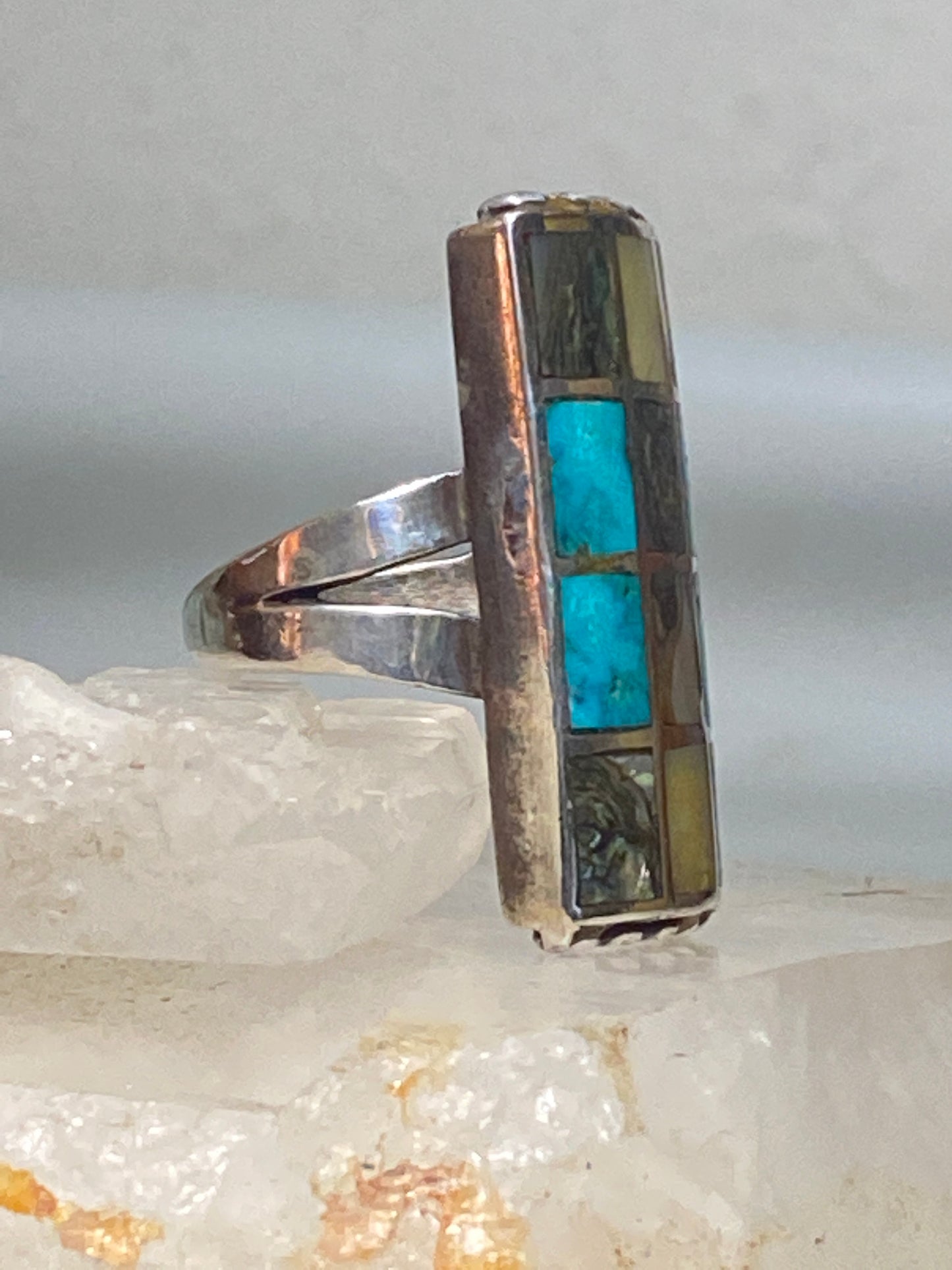 Navajo ring long turquoise abalone MOP sterling silver women men