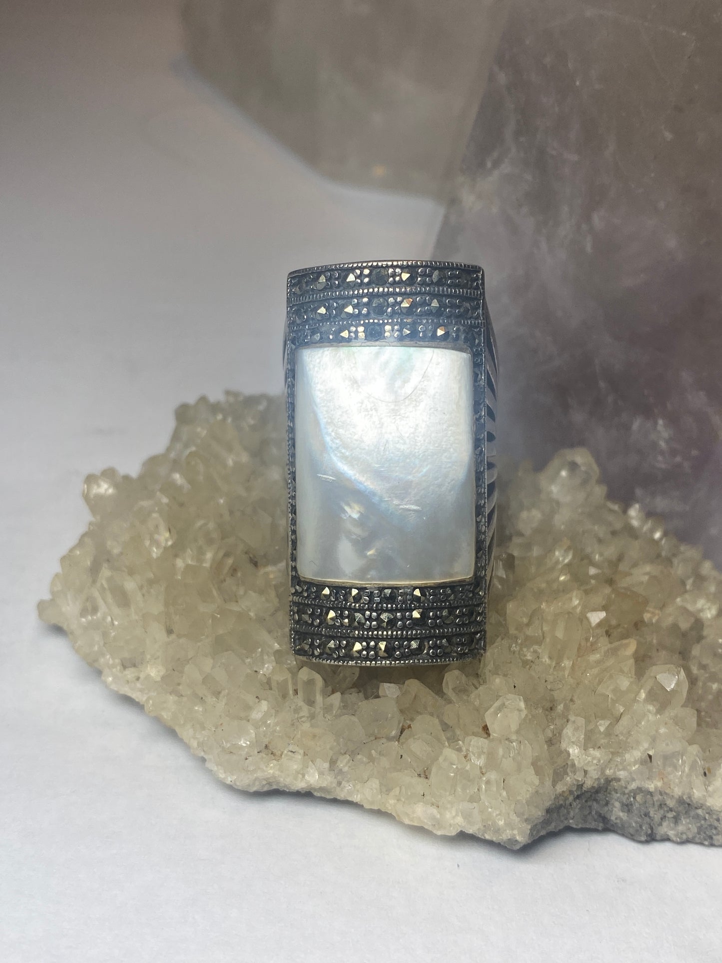 Mother of Pearl ring long marcasites boho sterling silver women girls