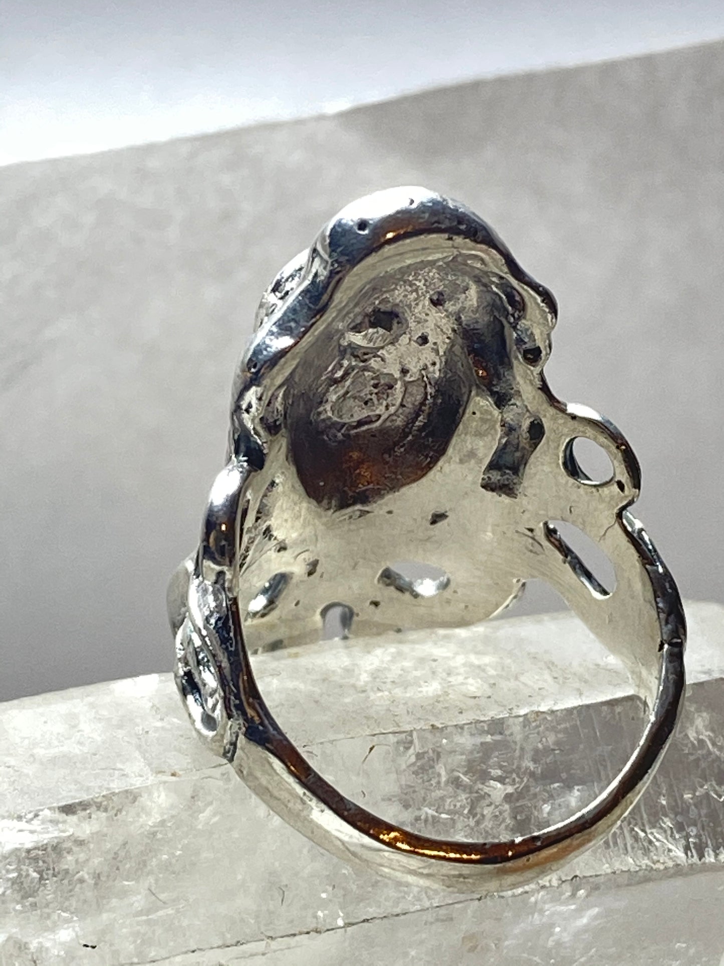 Face ring with long hair art deco influences sterling silver