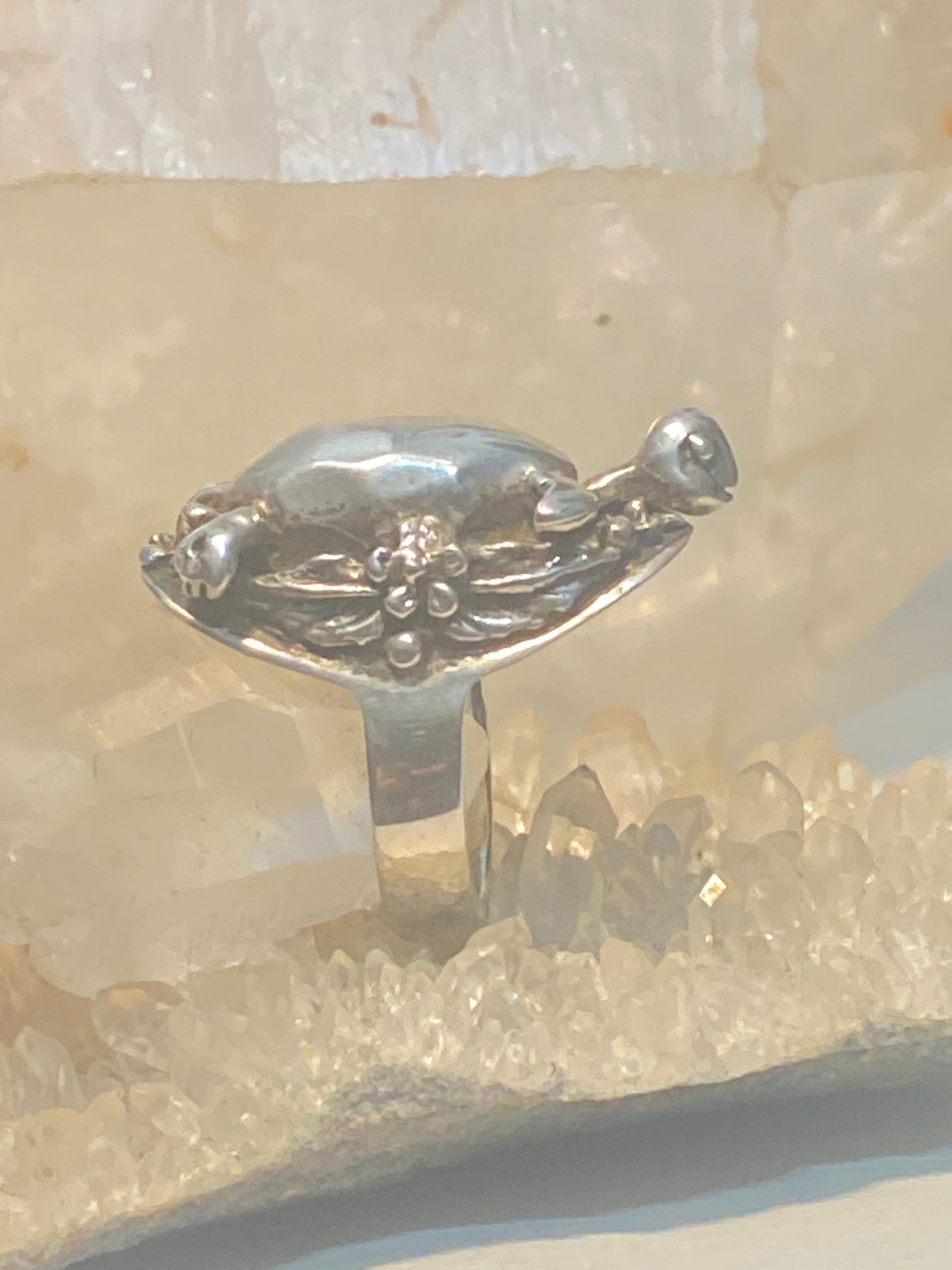 Turtle ring moving head floral band sterling silver women girls