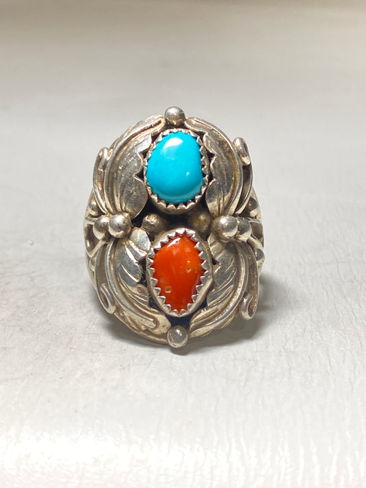 Turquoise ring coral Navajo southwest sterling silver women men