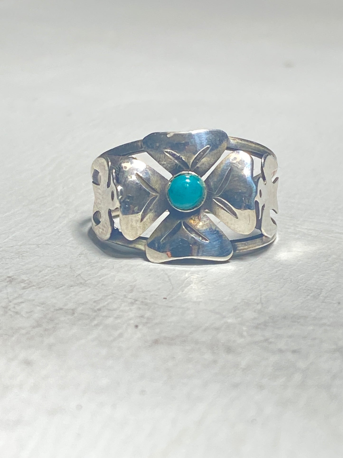 Turquoise ring flower bird 4 leaf clover good luck Mexico sterling silver band women girls