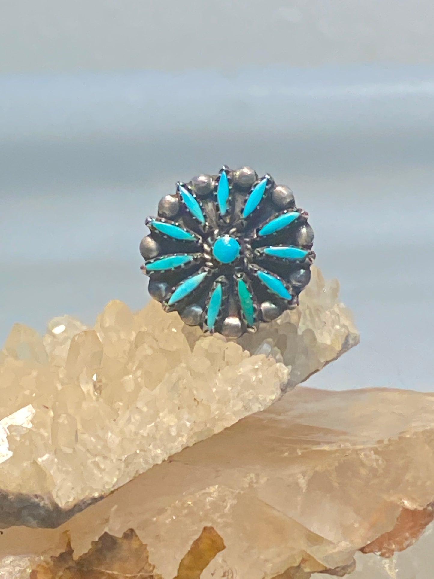 Turquoise ring size 6  Zuni petite point flower southwest sterling silver  women girls