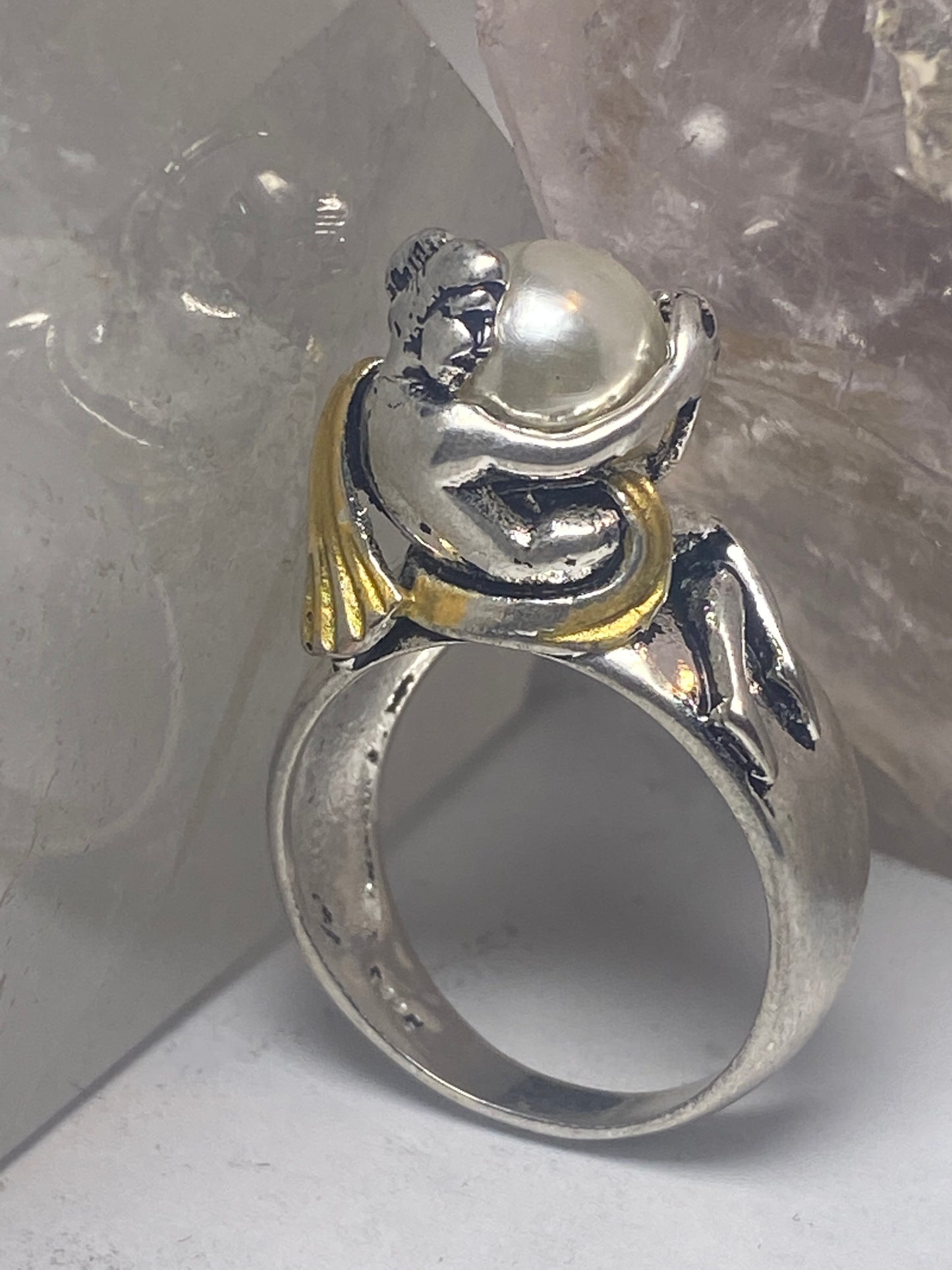 Naked lady ring holding pearl band  sterling silver women