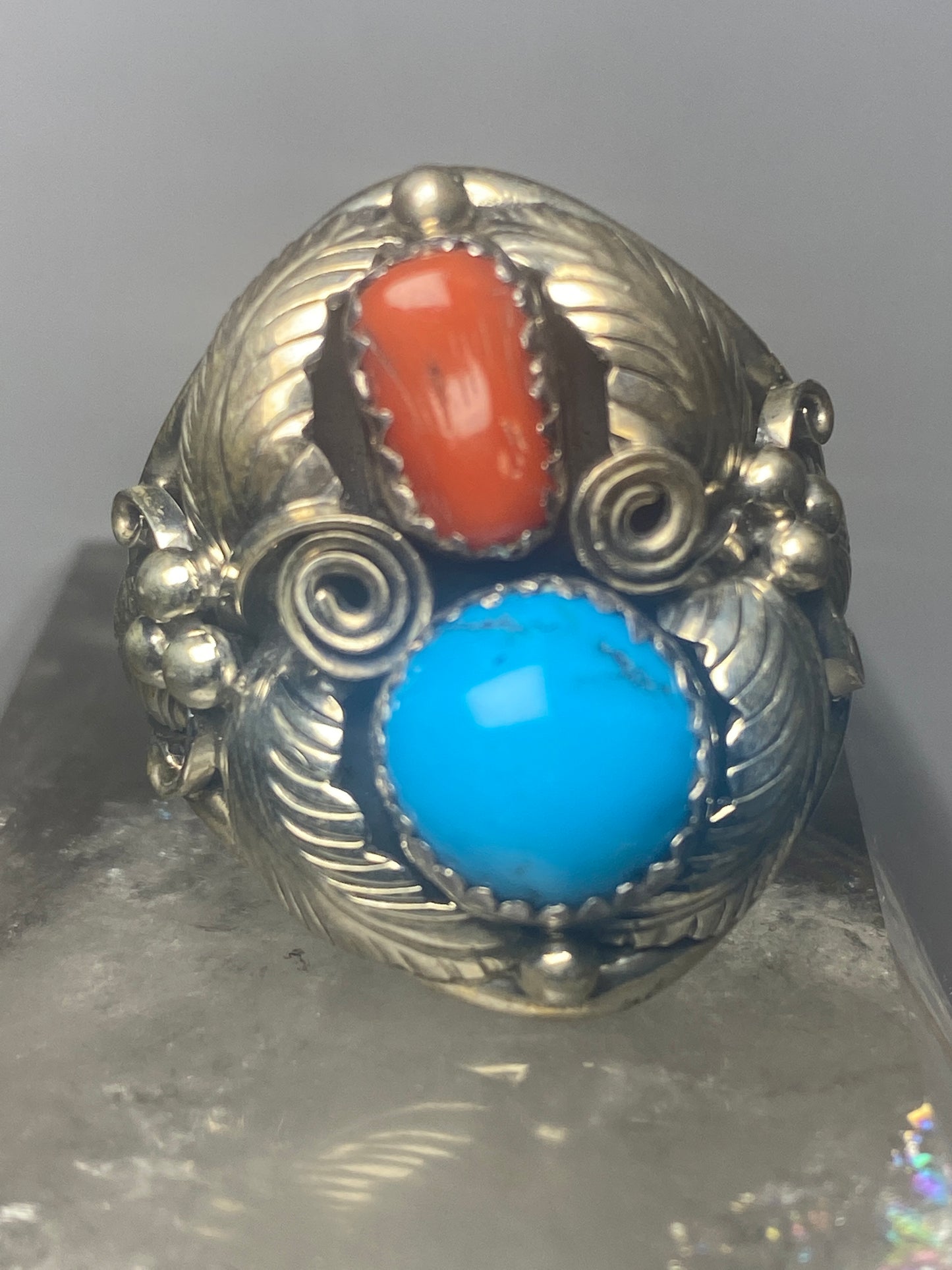 Navajo ring coral turquoise band sterling silver women men q