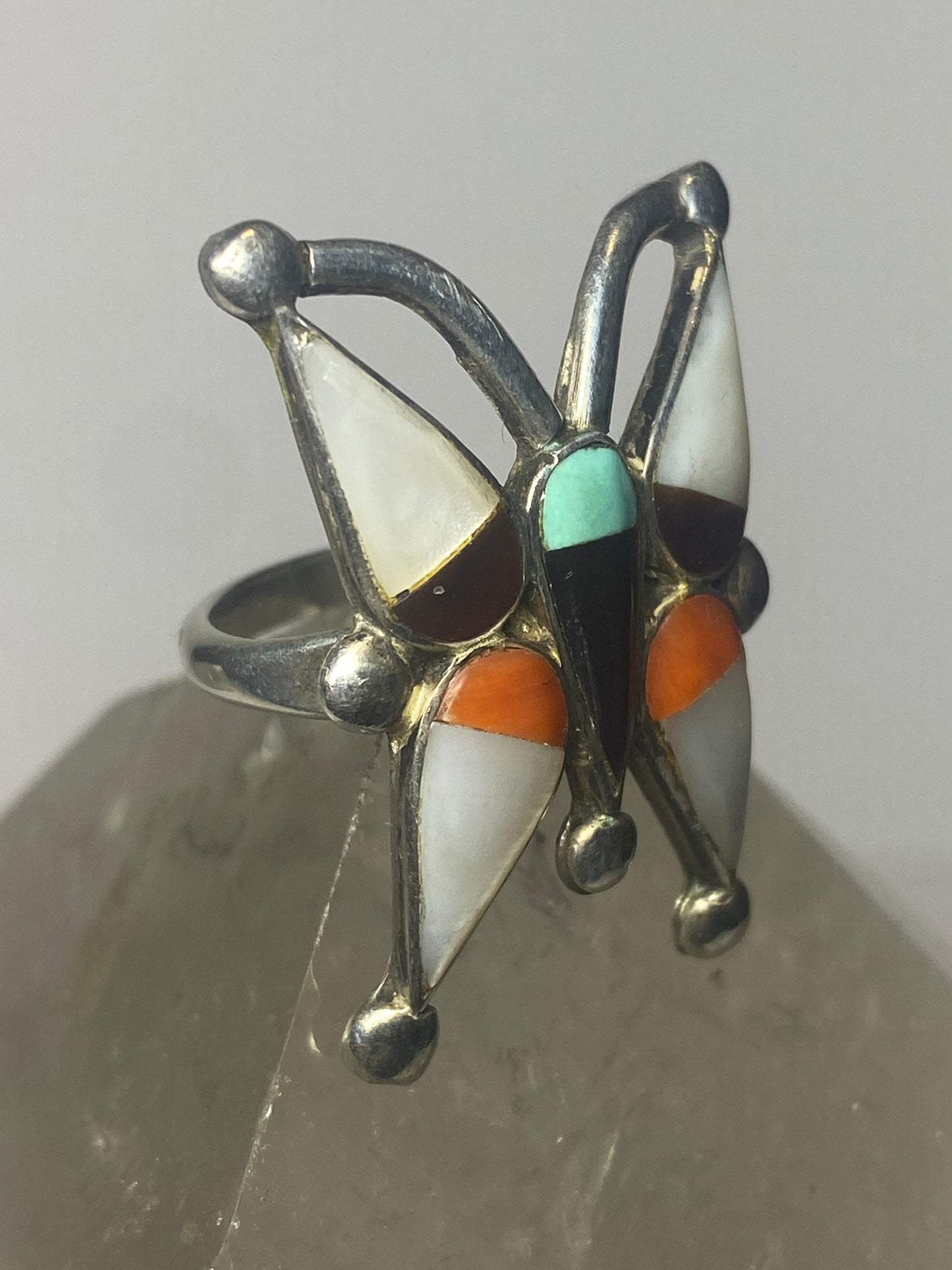 Butterfly ring size 6 turquoise Zuni mother of pearl coral onyx southwest sterling silver women