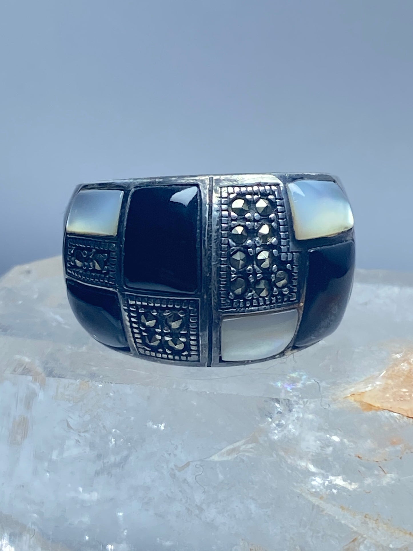 Checkerboard Ring size 7.75 onyx Mother of pearl marcasite cigar band