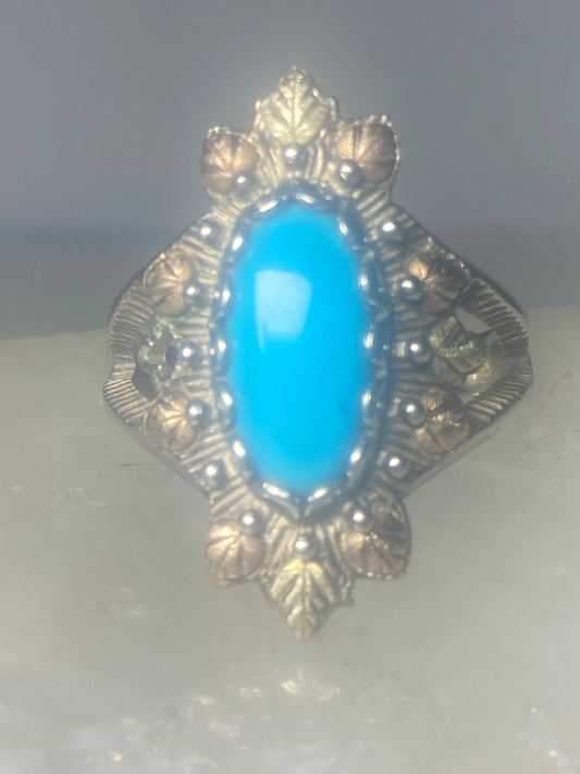 Long Turquoise ring Black Hills Gold leaves sterling silver women girls