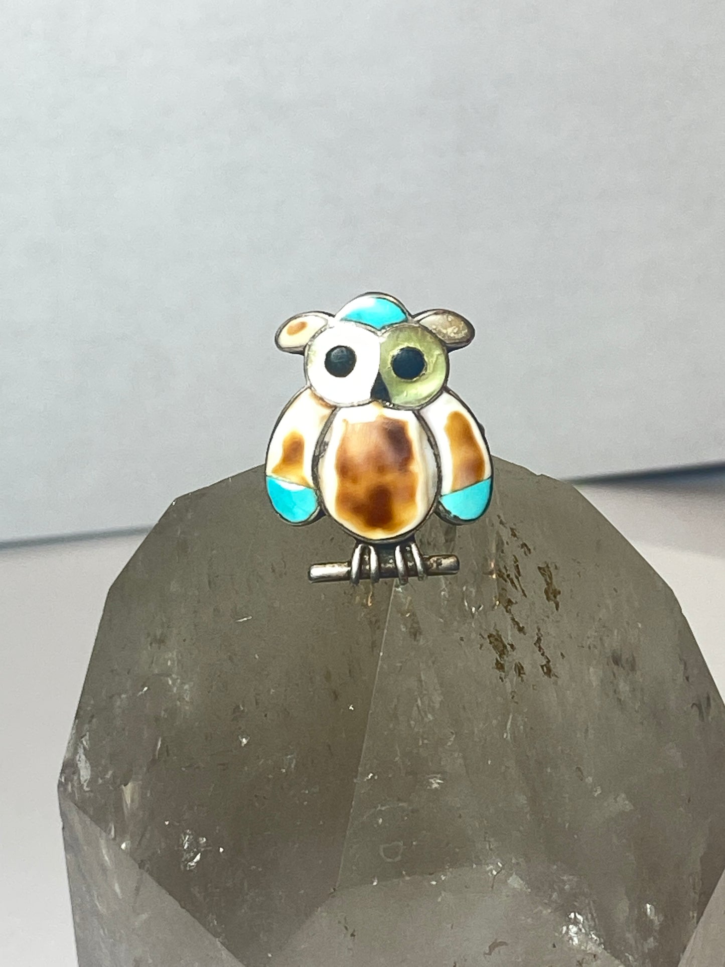 Owl ring Navajo turquoise MOP Onyx southwest sterling silver women