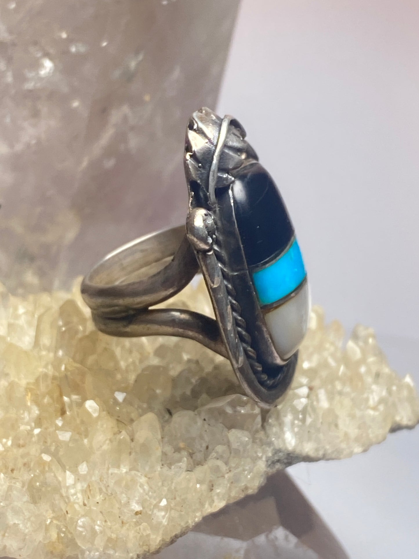 Turquoise ring size 8.50 Navajo onyx mother of pearl southwest sterling silver men women