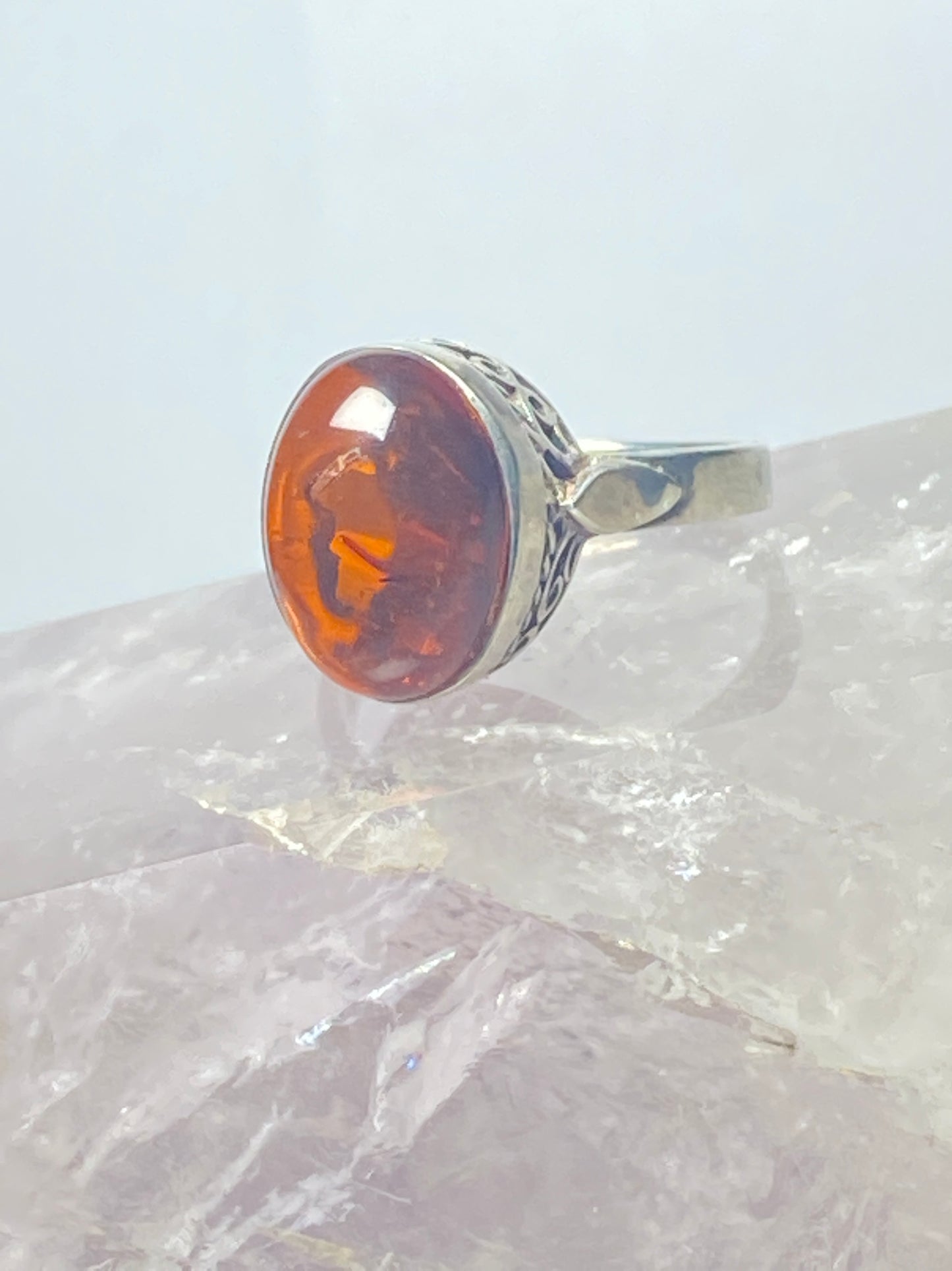 Amber ring sterling silver lacework women
