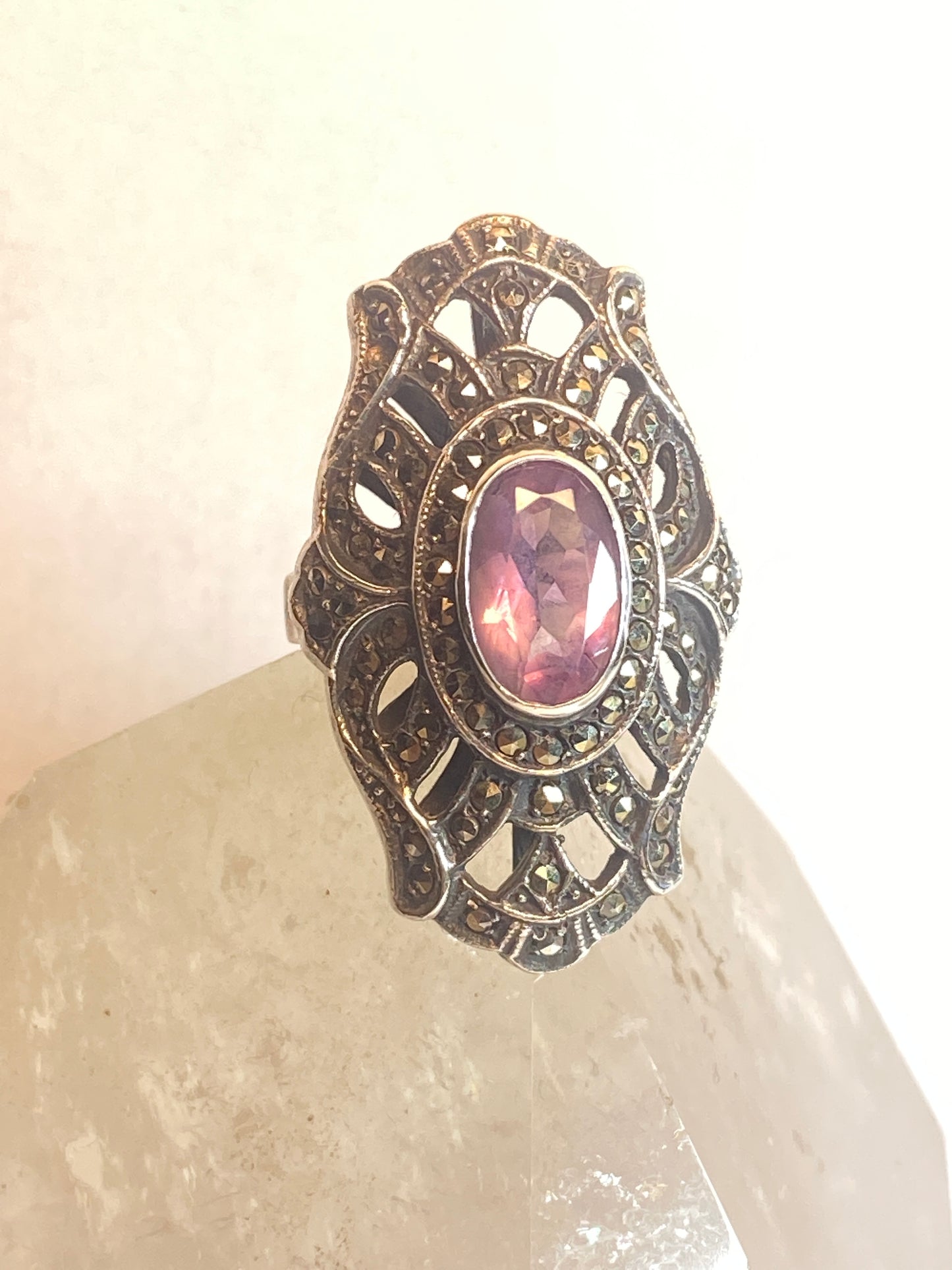 Long Amethyst ring size 7.25 Art Deco style marcasites sterling silver women girl