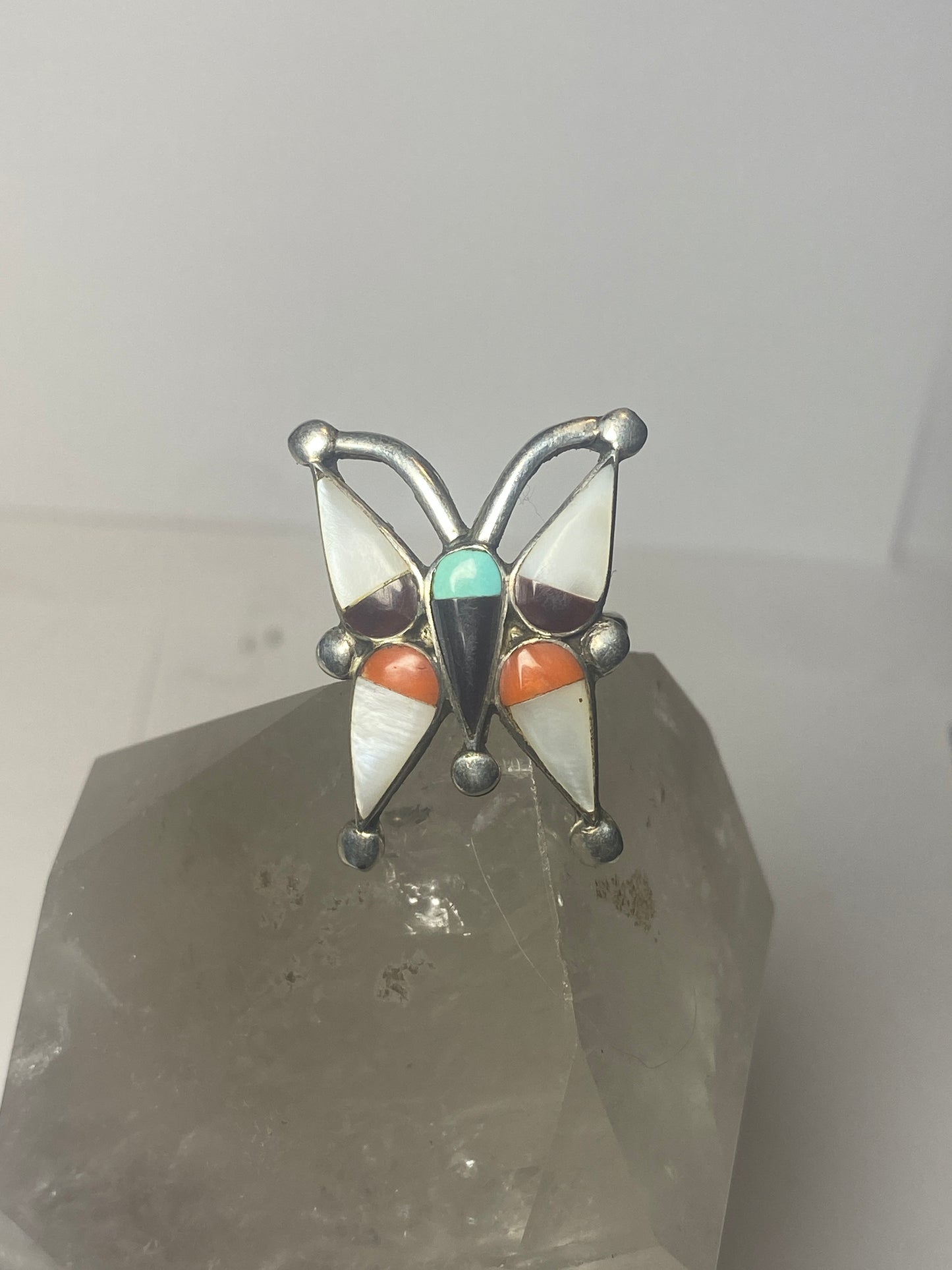 Butterfly ring size 6 turquoise Zuni mother of pearl coral onyx southwest sterling silver women