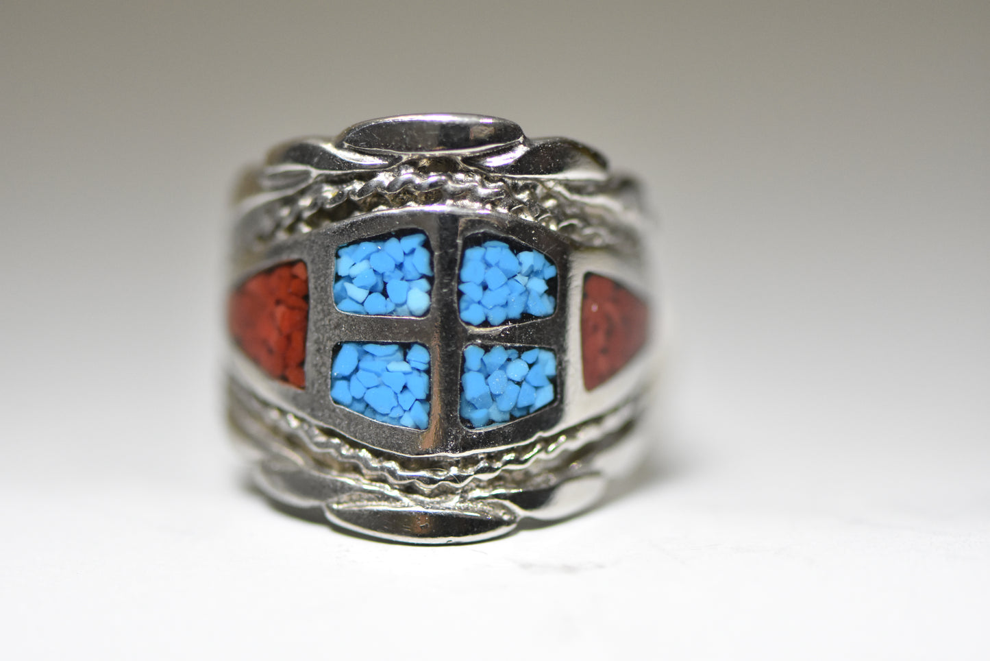 turquoise ring coral chips Navajo thumb band southwest sterling silver women men