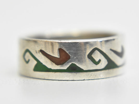 Waves ring turquoise seagulls band sterling silver  Mexico Size 6.5