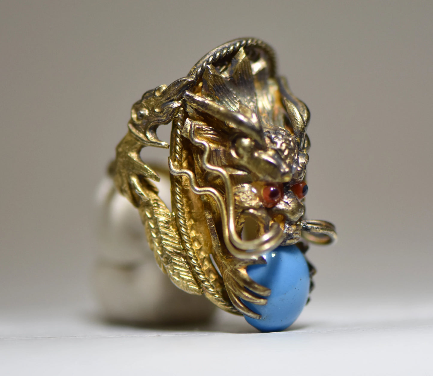 Golden Dragon ring blue glass Boho sterling silver women