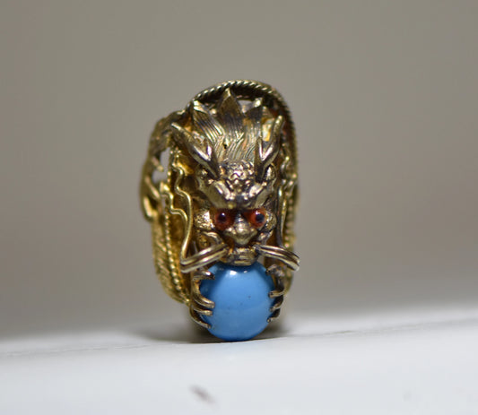 Golden Dragon ring blue glass Boho sterling silver women