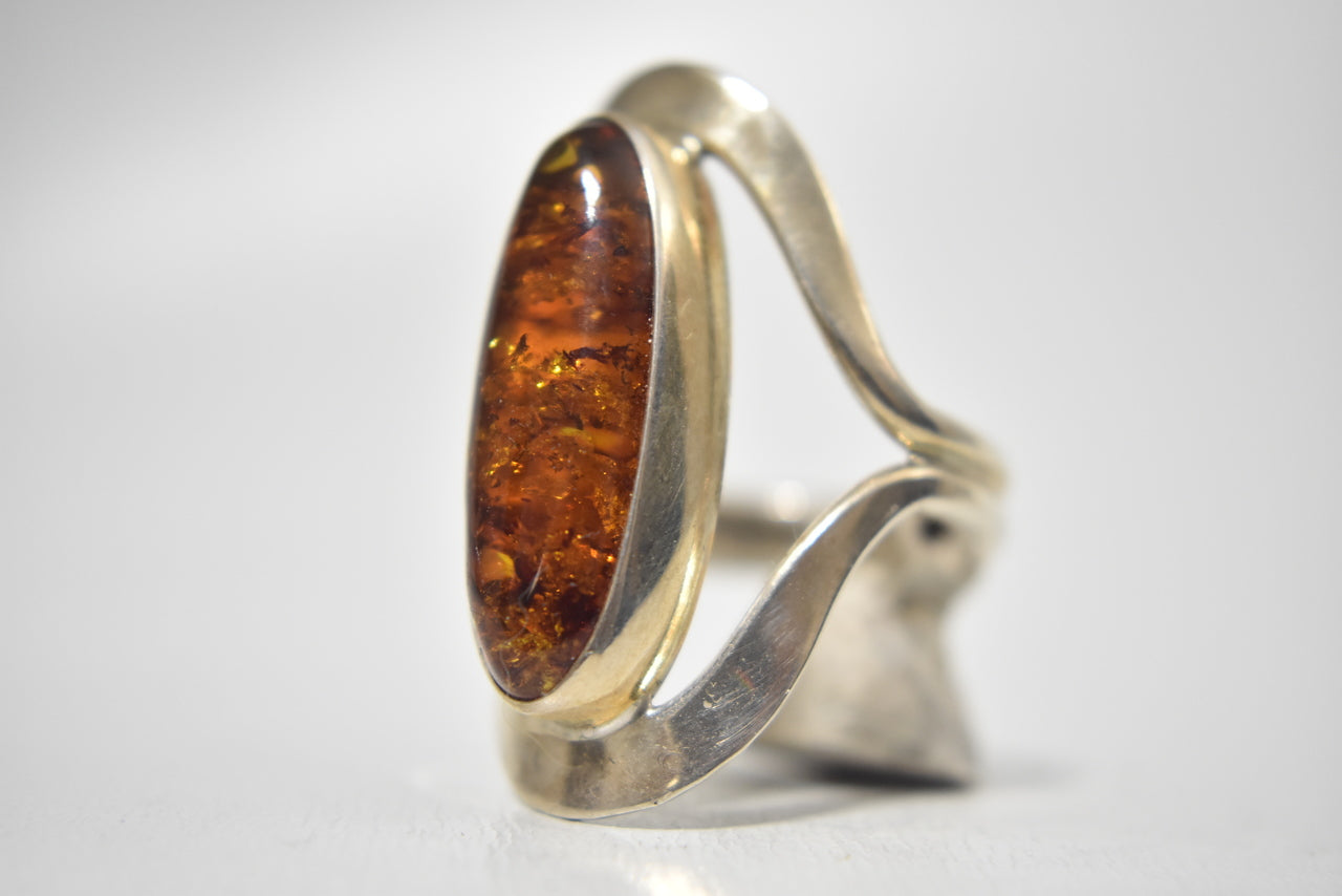Amber Ring Vintage Sterling Silver Tribal Signed Mexico DDD Size  10