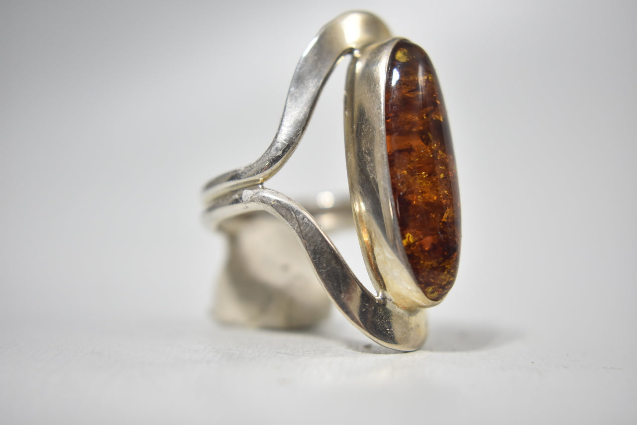 Amber Ring Vintage Sterling Silver Tribal Signed Mexico DDD Size  10