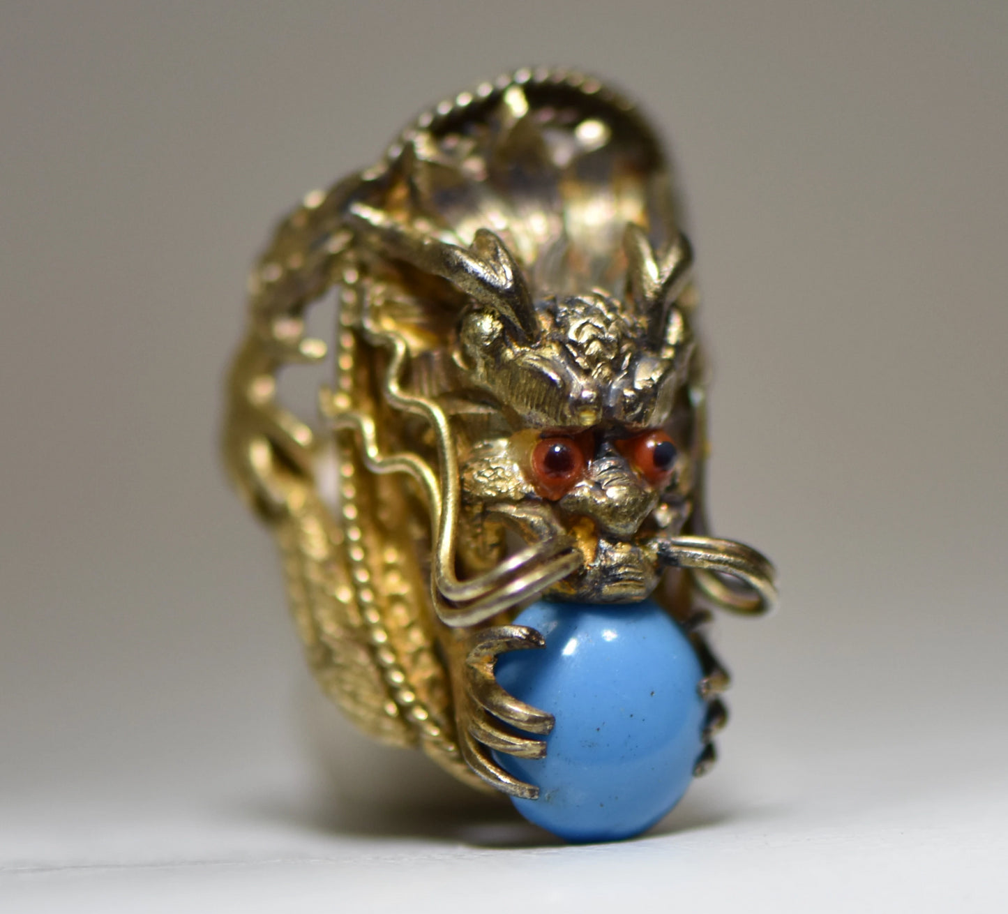 Golden Dragon ring blue glass Boho sterling silver women