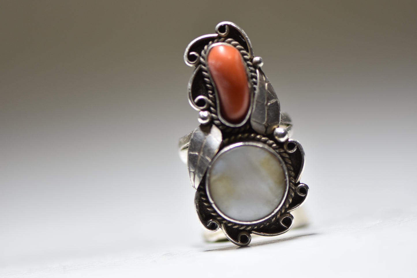 Long coral ring Navajo floral mother of pearl southwest sterling silver women