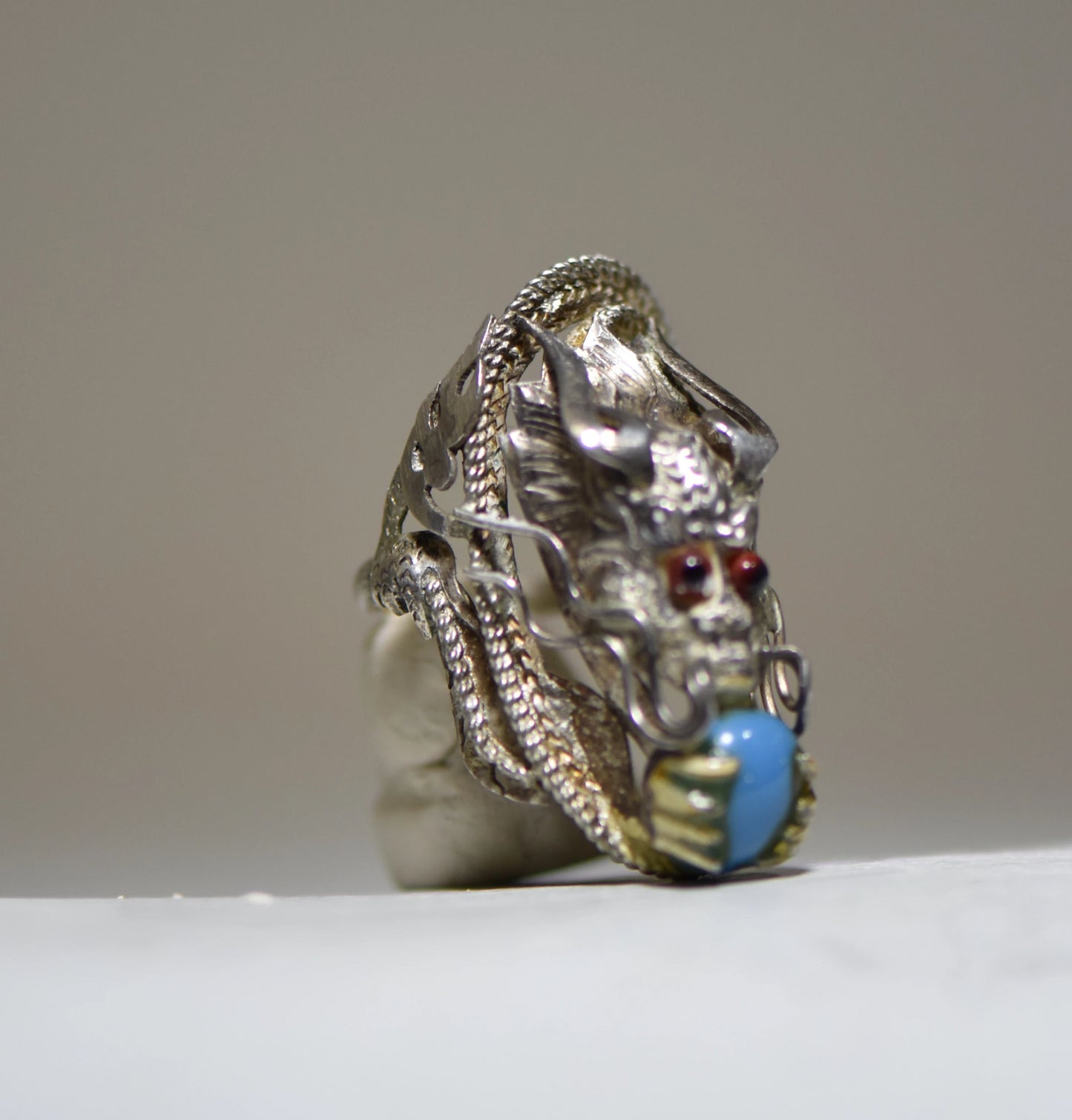 Silver Dragon ring blue glass Boho vintage sterling silver women