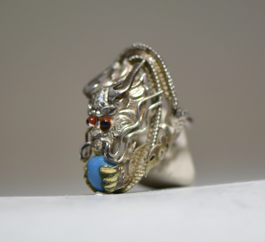 Silver Dragon ring blue glass Boho vintage sterling silver women