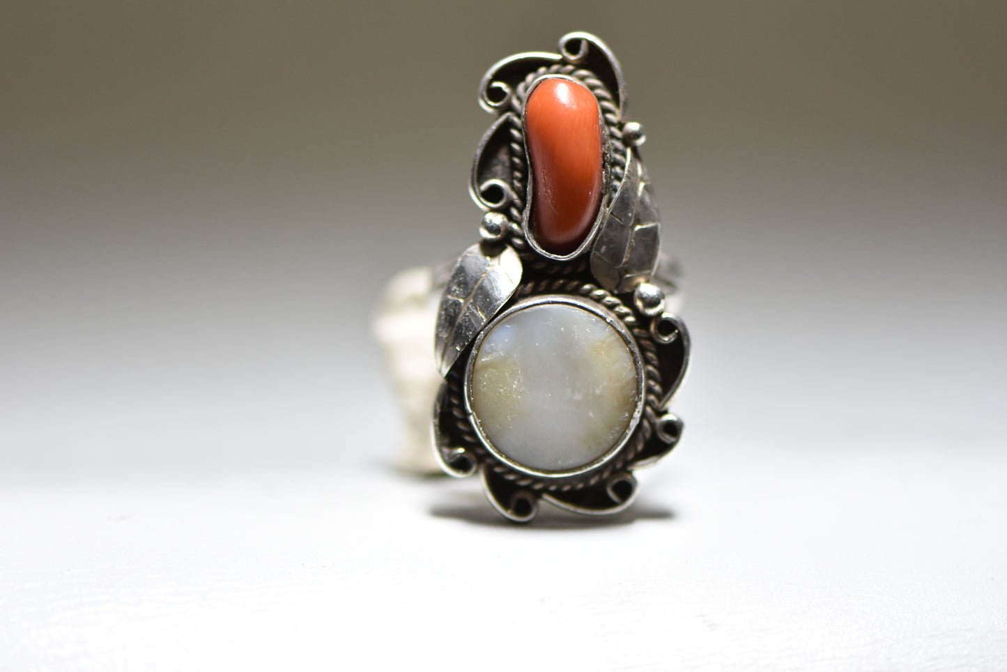 Long coral ring Navajo floral mother of pearl southwest sterling silver women