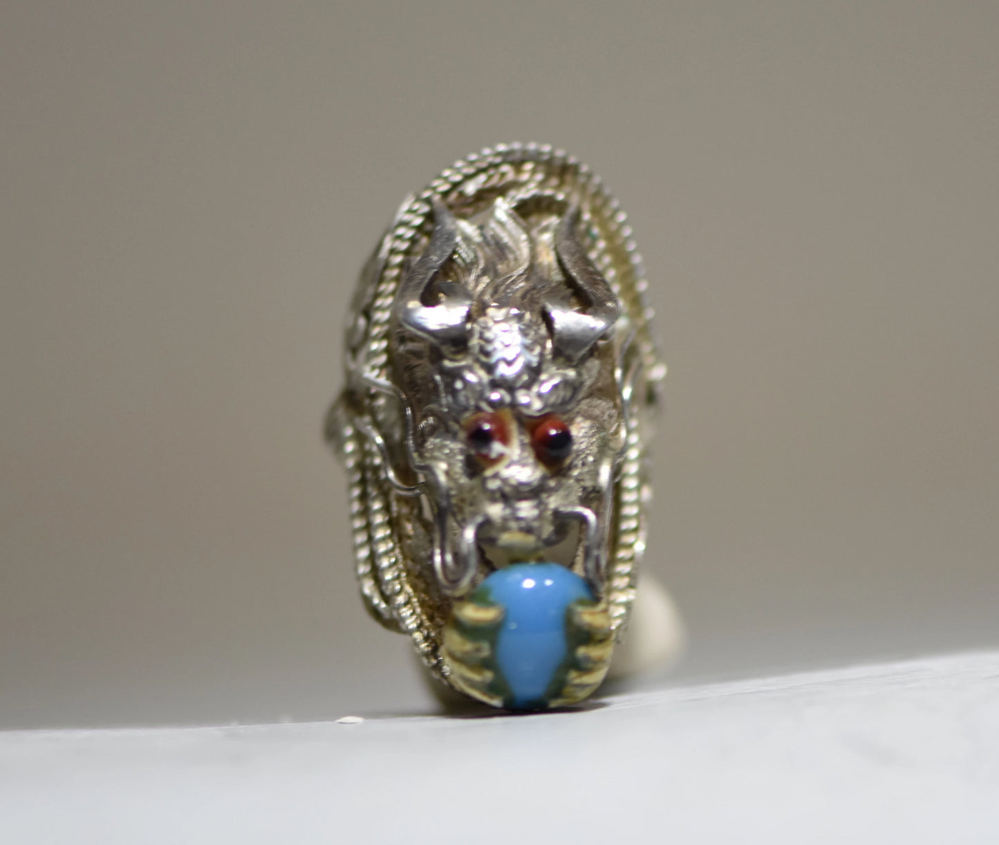 Silver Dragon ring blue glass Boho vintage sterling silver women