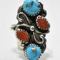 Navajo Ring Long Turquoise Coral Sterling Silver Size 7.25