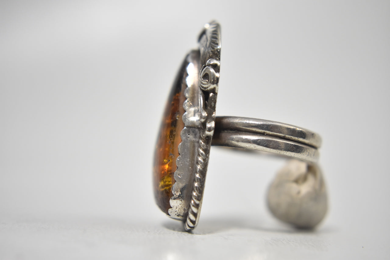 Navajo Amber Ring Long Vintage Sterling Silver Southwest Size  8.2