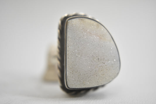 Druzy ring white crystalized stone  sterling silver women  Size 8.25